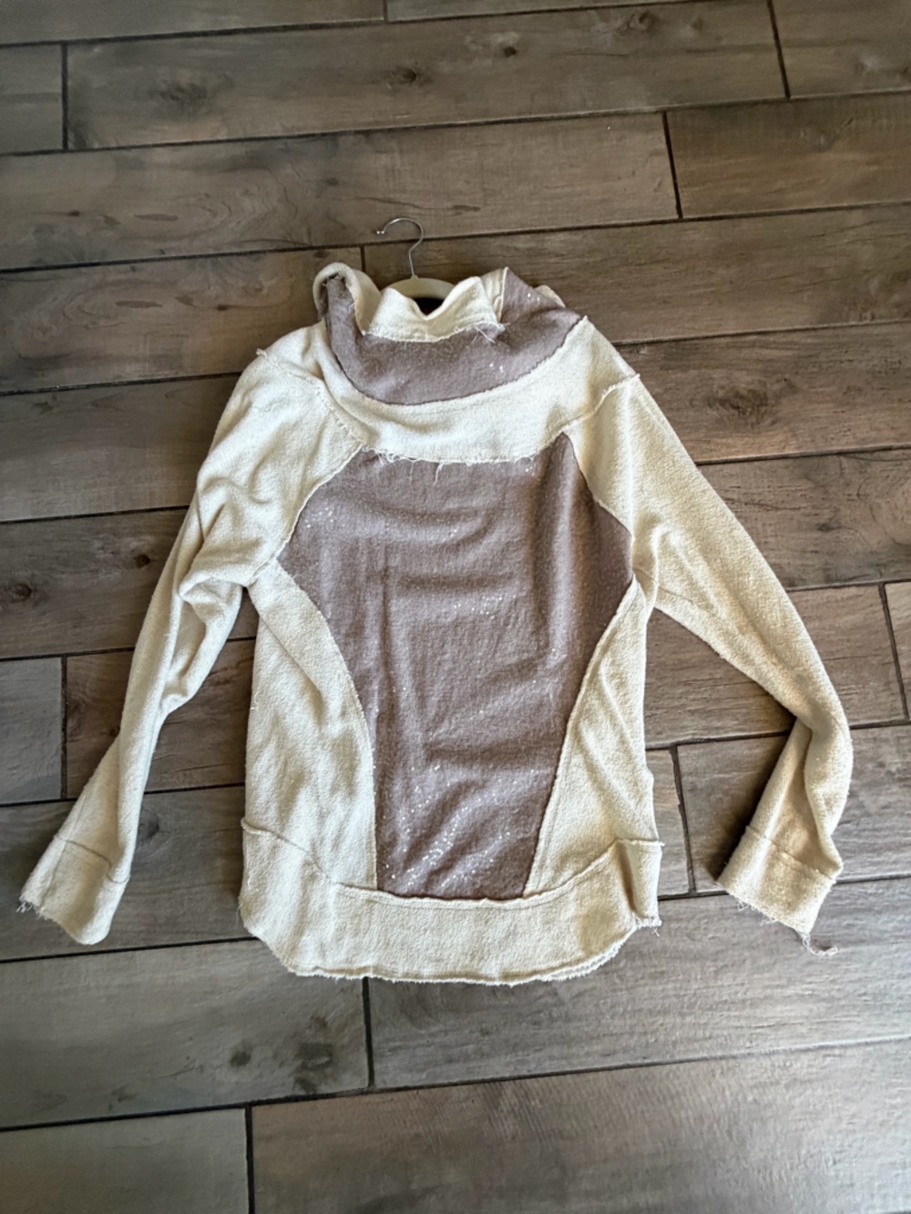 Free People Two-Tone Hooded Pullover in Cream and Taupe